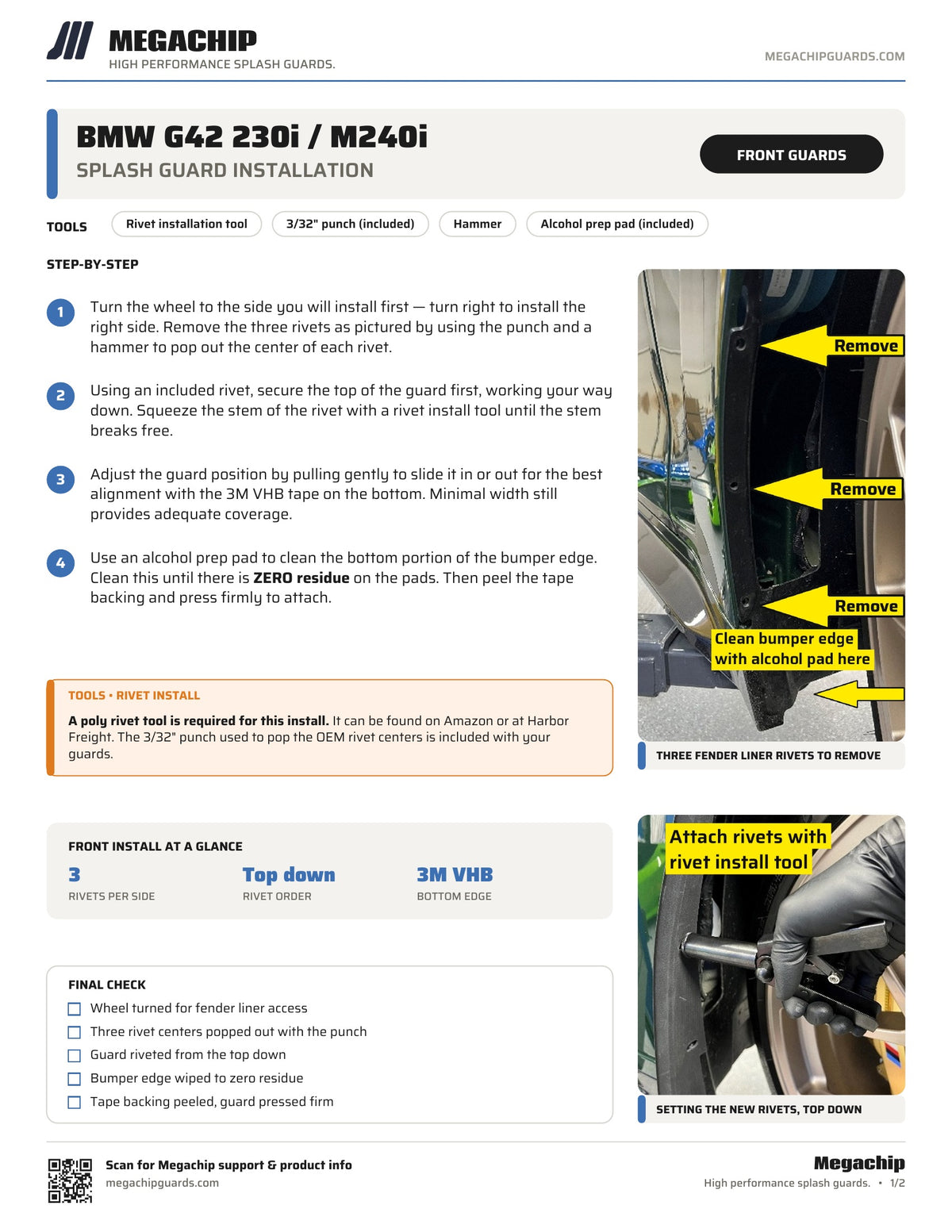 Megachip BMW G42 230i M240i splash guard installation instructions, page 1 - front guards