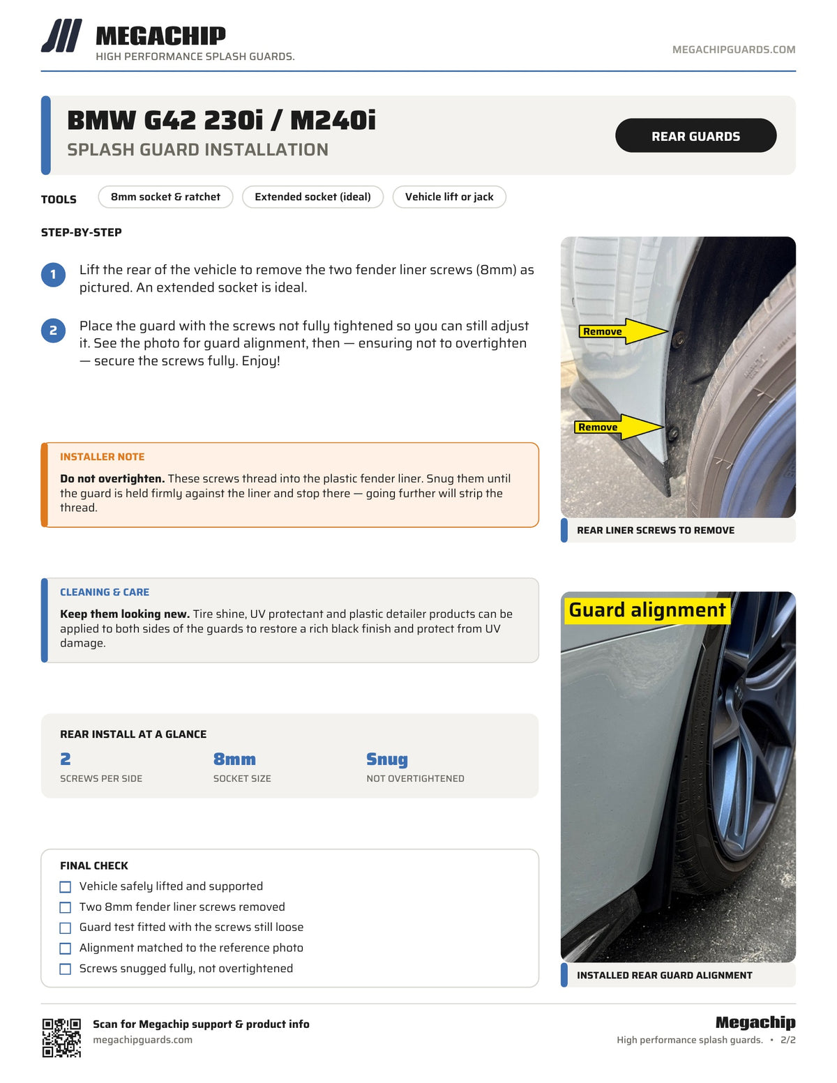 Megachip BMW G42 230i M240i splash guard installation instructions, page 2 - rear guards