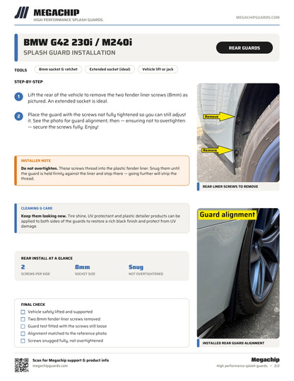 Megachip BMW G42 230i M240i splash guard installation instructions, page 2 - rear guards