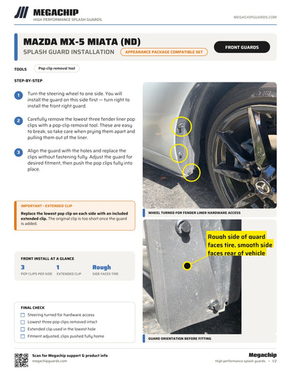 Megachip ND Mazda MX-5 Miata splash guard installation instructions, page 1 - front guards