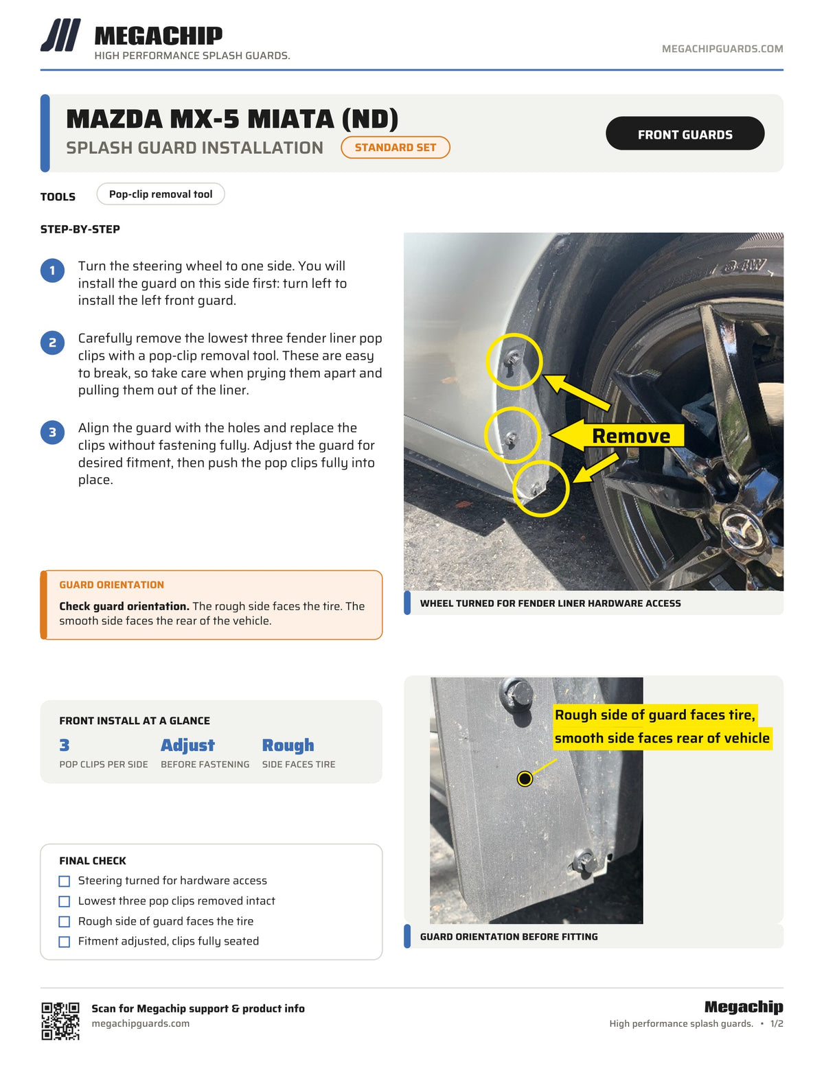 Megachip ND Mazda MX-5 Miata STANDARD SET installation instructions, page 1 of 2 - front guards, pop-clip mounting and guard orientation