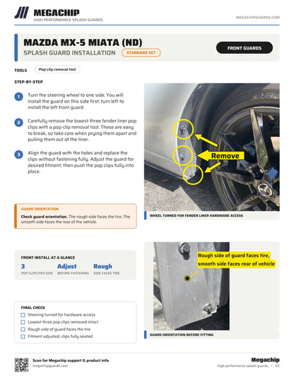 Megachip ND Mazda MX-5 Miata STANDARD SET installation instructions, page 1 of 2 - front guards, pop-clip mounting and guard orientation