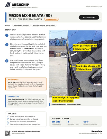 Megachip ND Mazda MX-5 Miata STANDARD SET installation instructions, page 2 of 2 - rear guards, bumper alignment, adhesive preparation and care