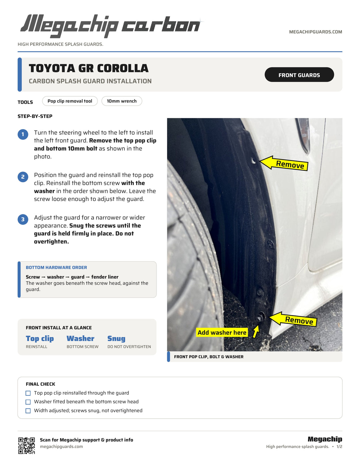 Megachip Toyota GR Corolla Carbon splash guard installation instructions, page 1 - front guards