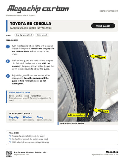 Megachip Toyota GR Corolla Carbon splash guard installation instructions, page 1 - front guards
